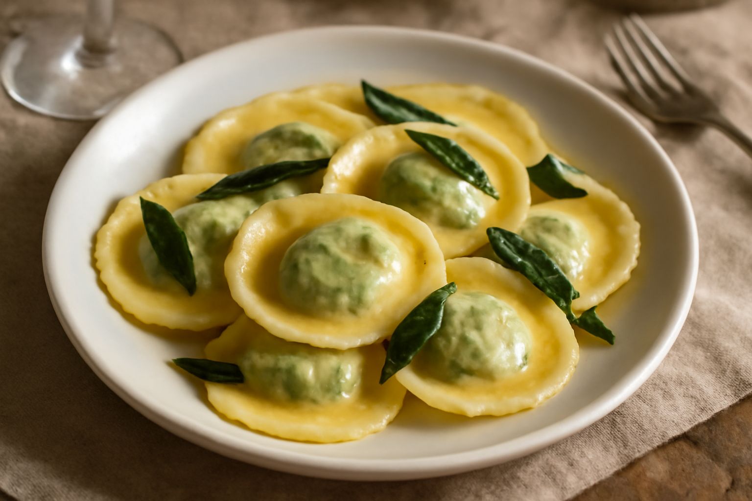 Tortelli di pasta sfoglia ripieni su piatto bianco, conditi con burro fuso dorato, foglie di salvia verde smeraldo croccante e scaglie di parmigiano, vapore caldo visibile
