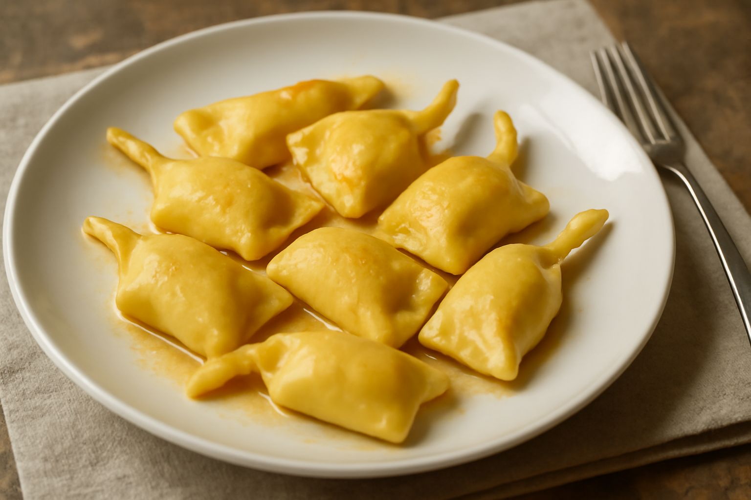 Tortelli con la coda disposti in piatto bianco, sfoglia giallo oro leggermente lucida, ripieno visibile dal taglio di uno, guarniti con burro fuso e salvia fresca, coda di pasta ben definita su ogni t
