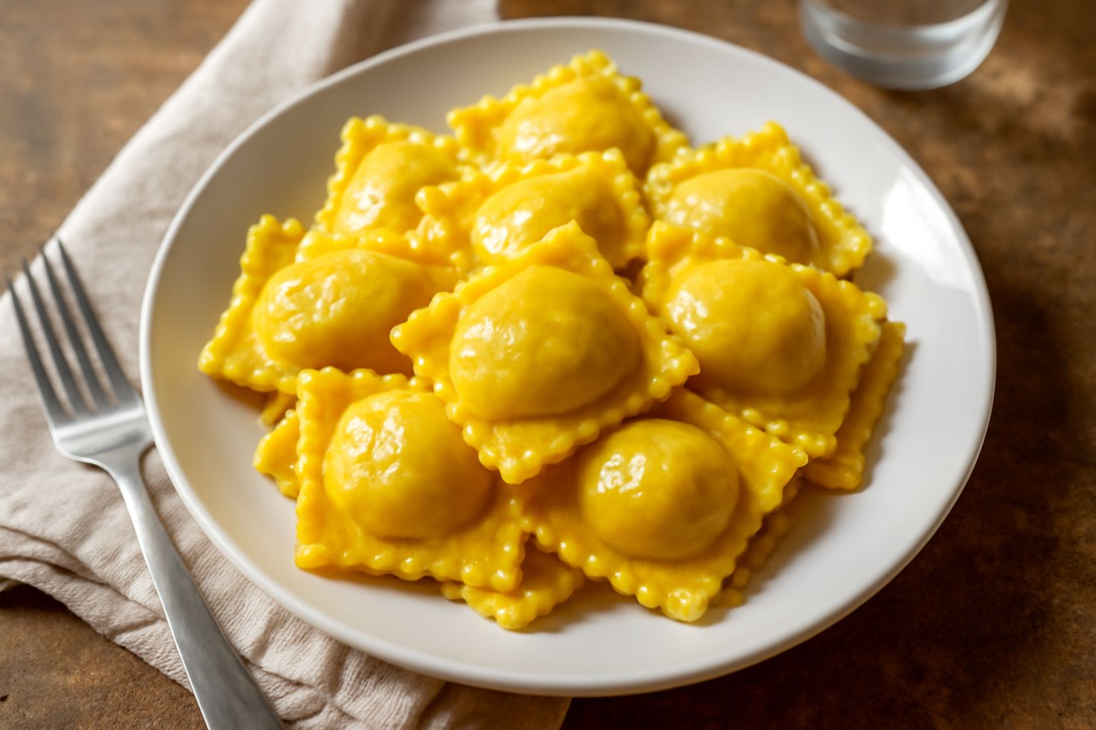 Tortelli cremaschi appena cotti in un piatto bianco, ricoperti di brodo caldo e burro fuso, con una leggera spolverata di parmigiano grattugiato; forma di quadratini leggermente ondulati, colore giall