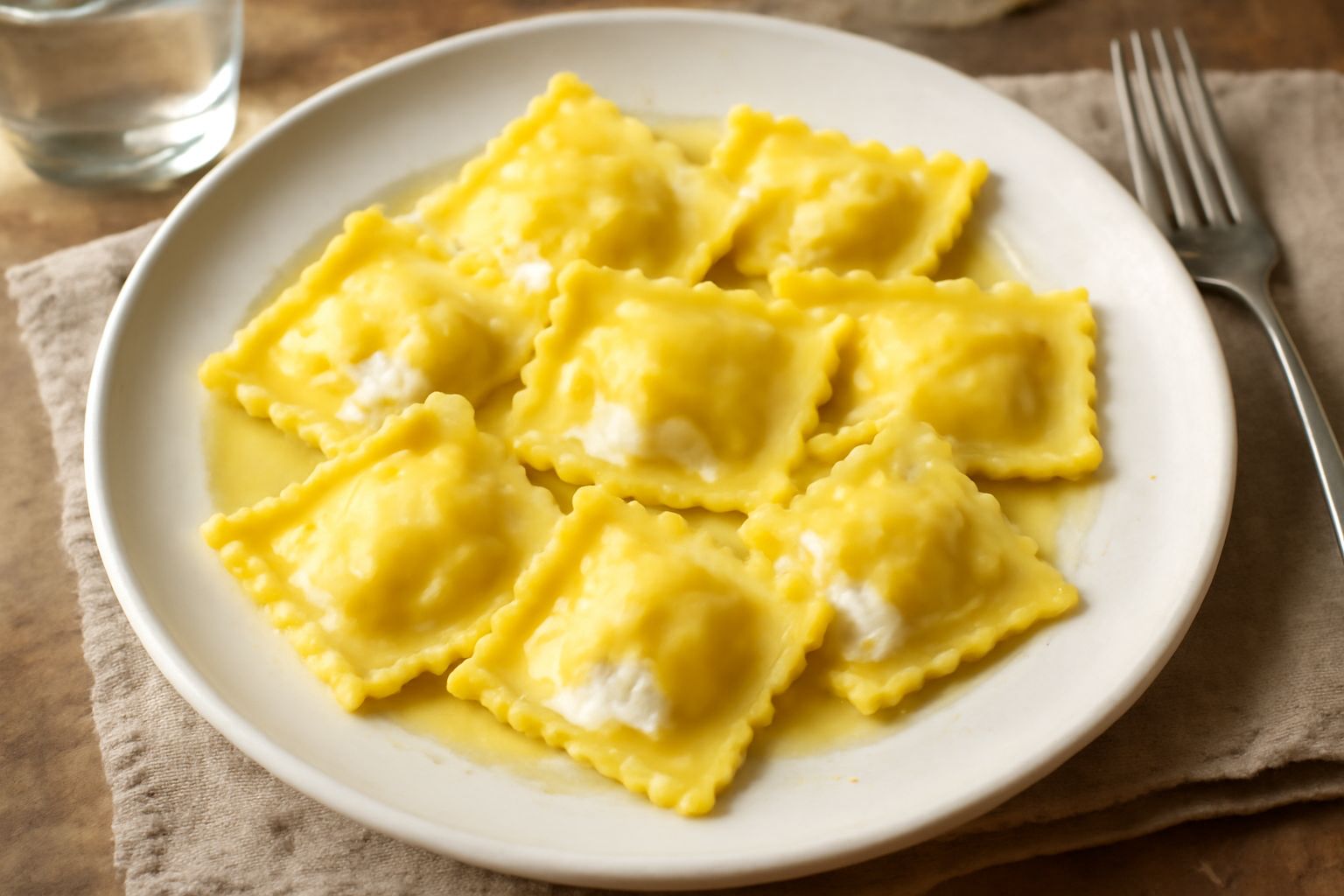 Piatto di tortelli cremesi quadrati con bordi ondulati, ripieno di ricotta visibile dalle aperture, cosparsi di burro fuso e parmigiano grattugiato, contornati da salvia fresca