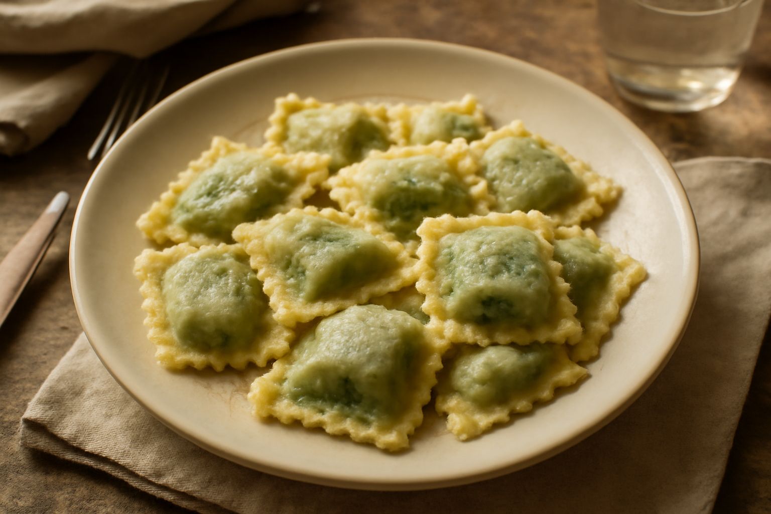Tortelli d'erbe appena cotti in un piatto bianco, ricoperti di burro fuso e foglie di salvia fresca, con sfumature verdi del ripieno visibili dal bordo della pasta ondulato