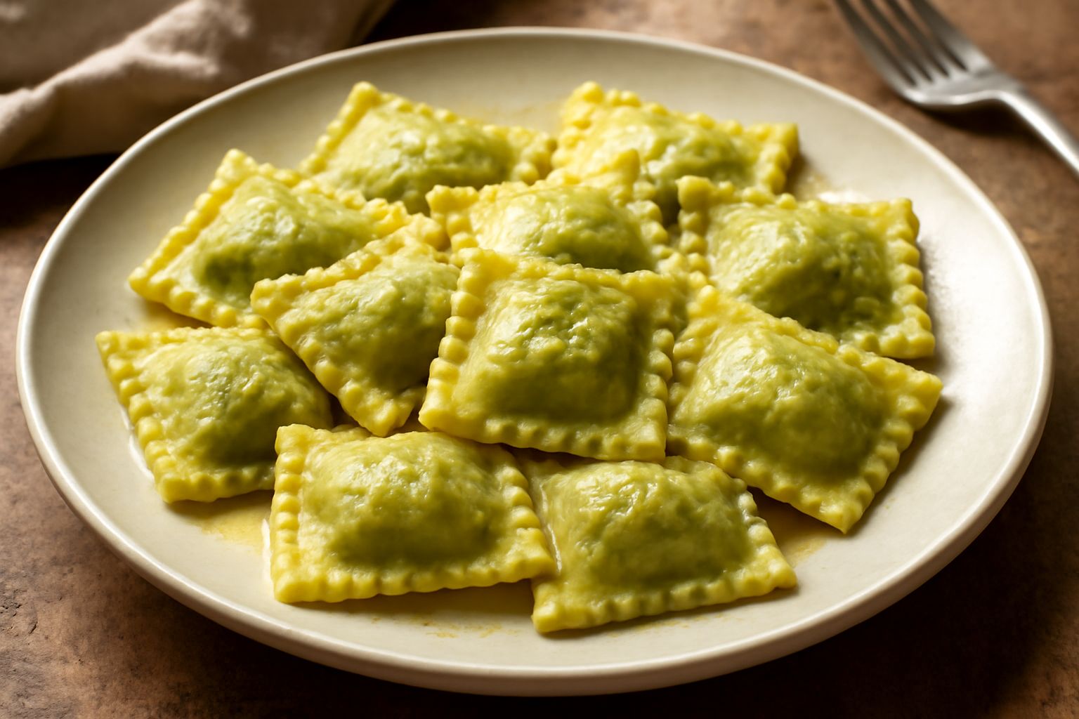 Tortelli d'erbette su piatto bianco con burro fuso, salvia e parmigiano grattugiato, pasta verde pallido con rigatini visibili, contorno di verdure salteggiate