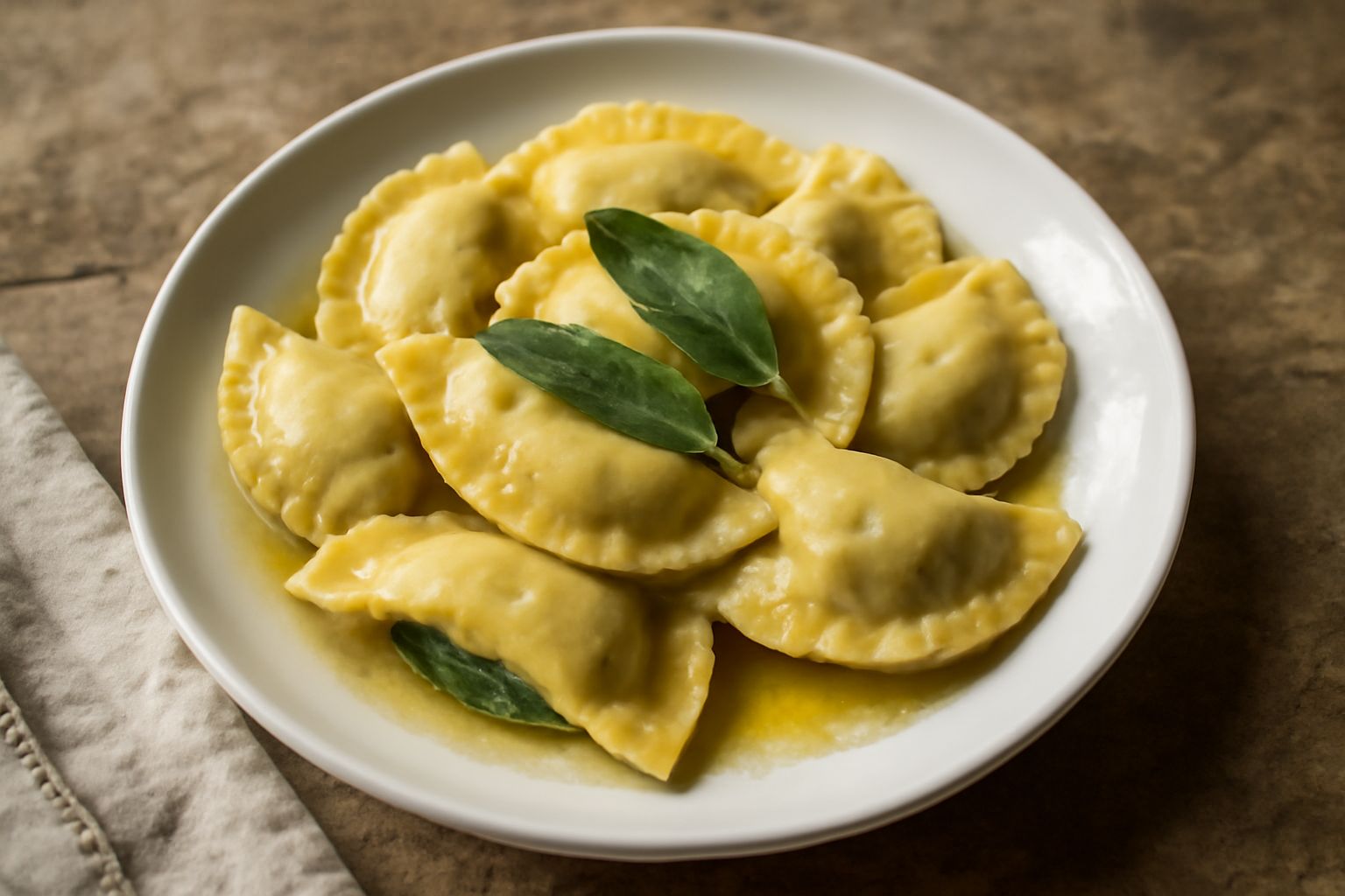 Tortelli di bietola con piega visibile e riempimento verde, serviti in piatto bianco con burro fuso e foglie di salvia fresca, ombra morbida