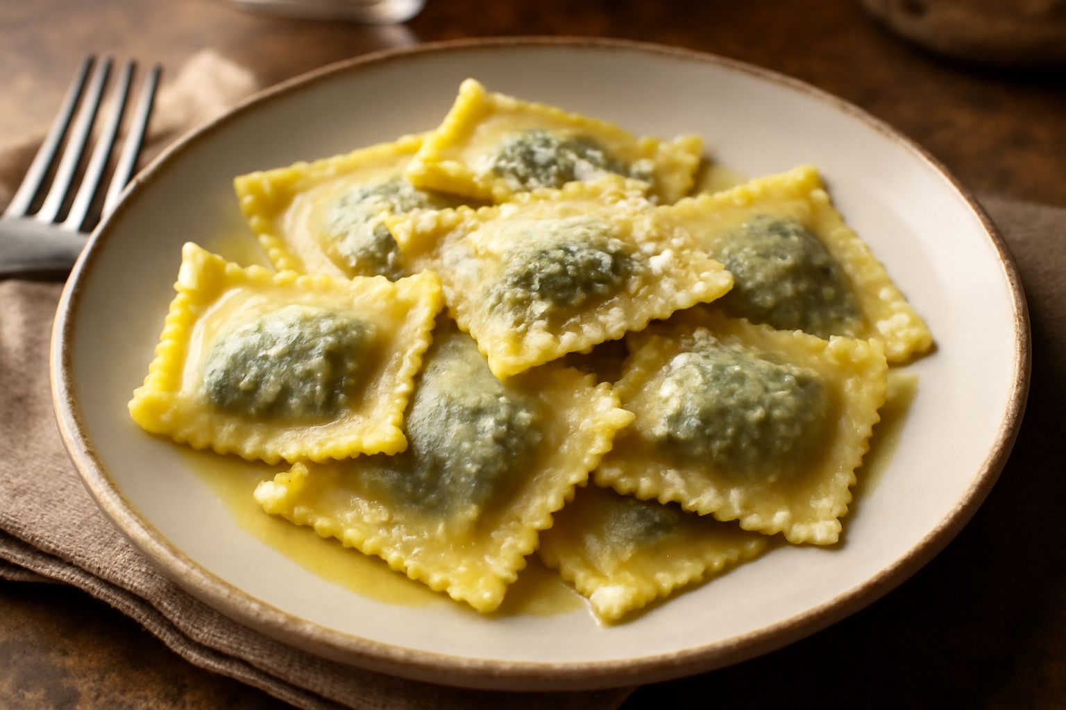 Tortelli di erbe disposti su un piatto bianco con una vellutata di burro fuso e salvia, margine di parmigiano grattugiato, pasta gialla e ripieno verde scuro visibile dalla forma dei tortelli