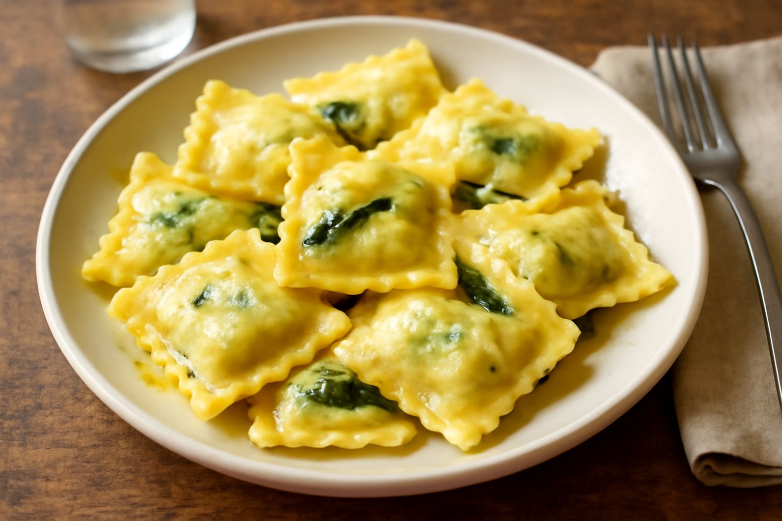 Tortelli di erbette in piatto bianco, a forma di cuscino ripieno, sfoglia gialla chiaro, ricoperti di burro fuso e scaglie di parmigiano, contorno di salvia fresca