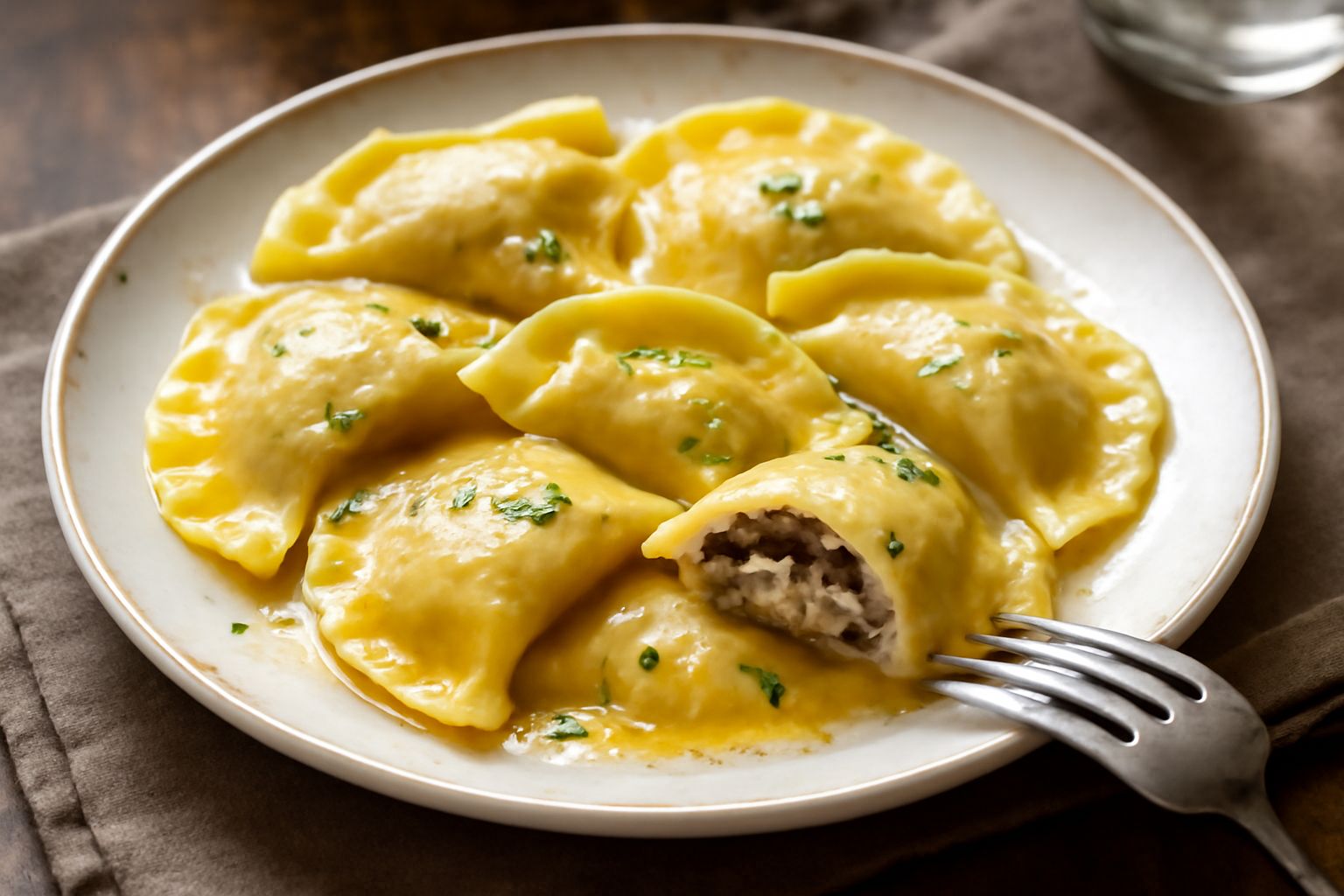 Tortelli di funghi appena cotti su un piatto bianco, dorati dal burro, guarniti con salvia fresca e grana grattugiato, fumanti.
