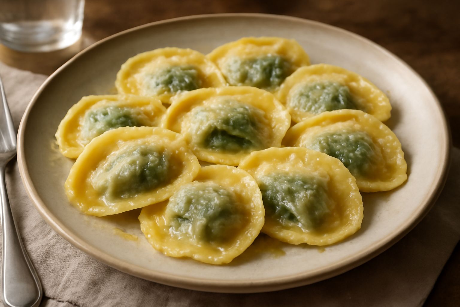 Tortelli di magro su un piatto bianco, ripieni di verdure verdi, ricoperti di burro fuso e parmigiano grattugiato, serviti con una forchetta, sfondo neutro