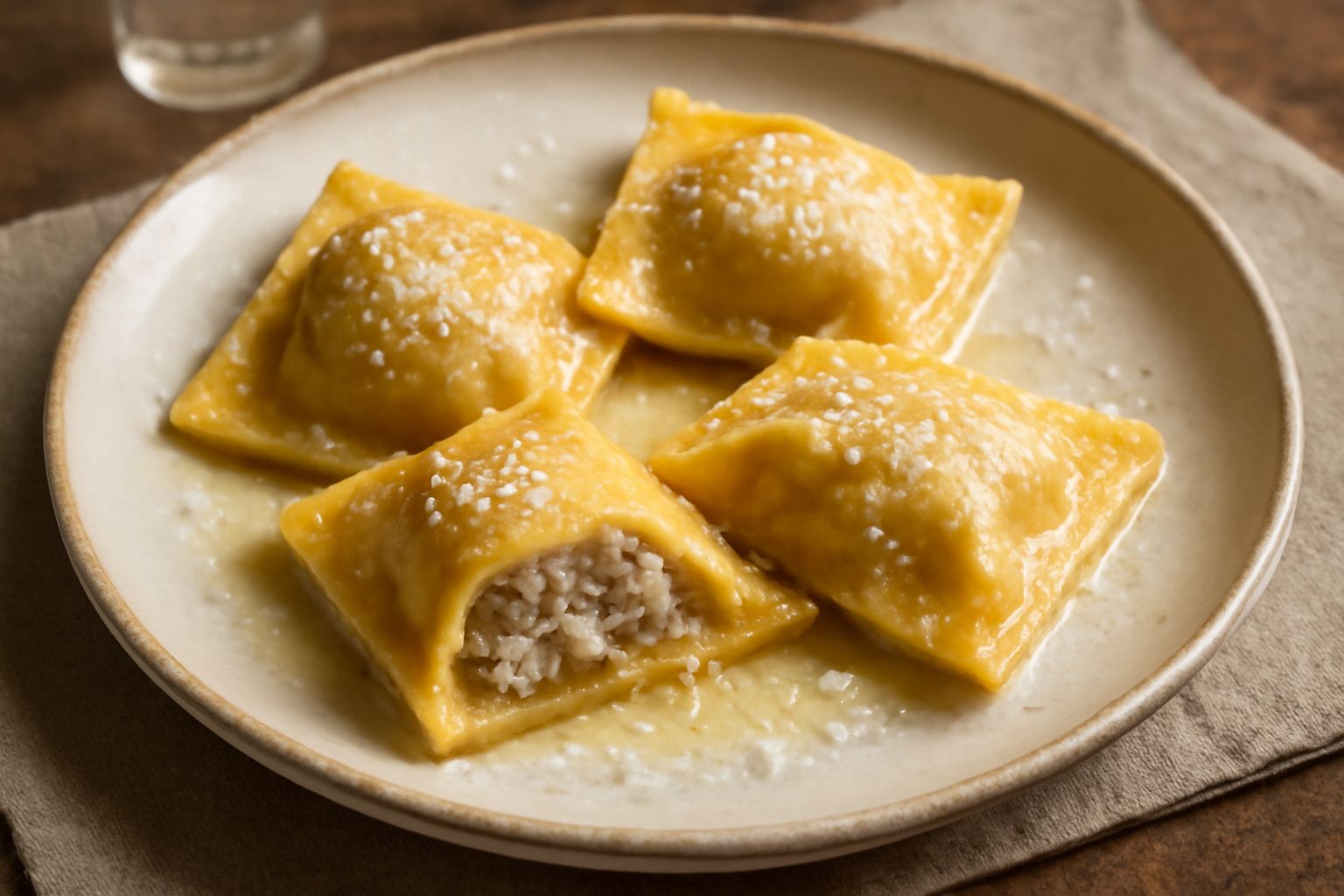 Piatto bianco con quattro tortelli di melanzana cremosi, ricoperti di burro fuso e parmigiano grattugiato, una foglia di basilico fresco sulla sommità, olio d'oliva che brilla sulla pasta