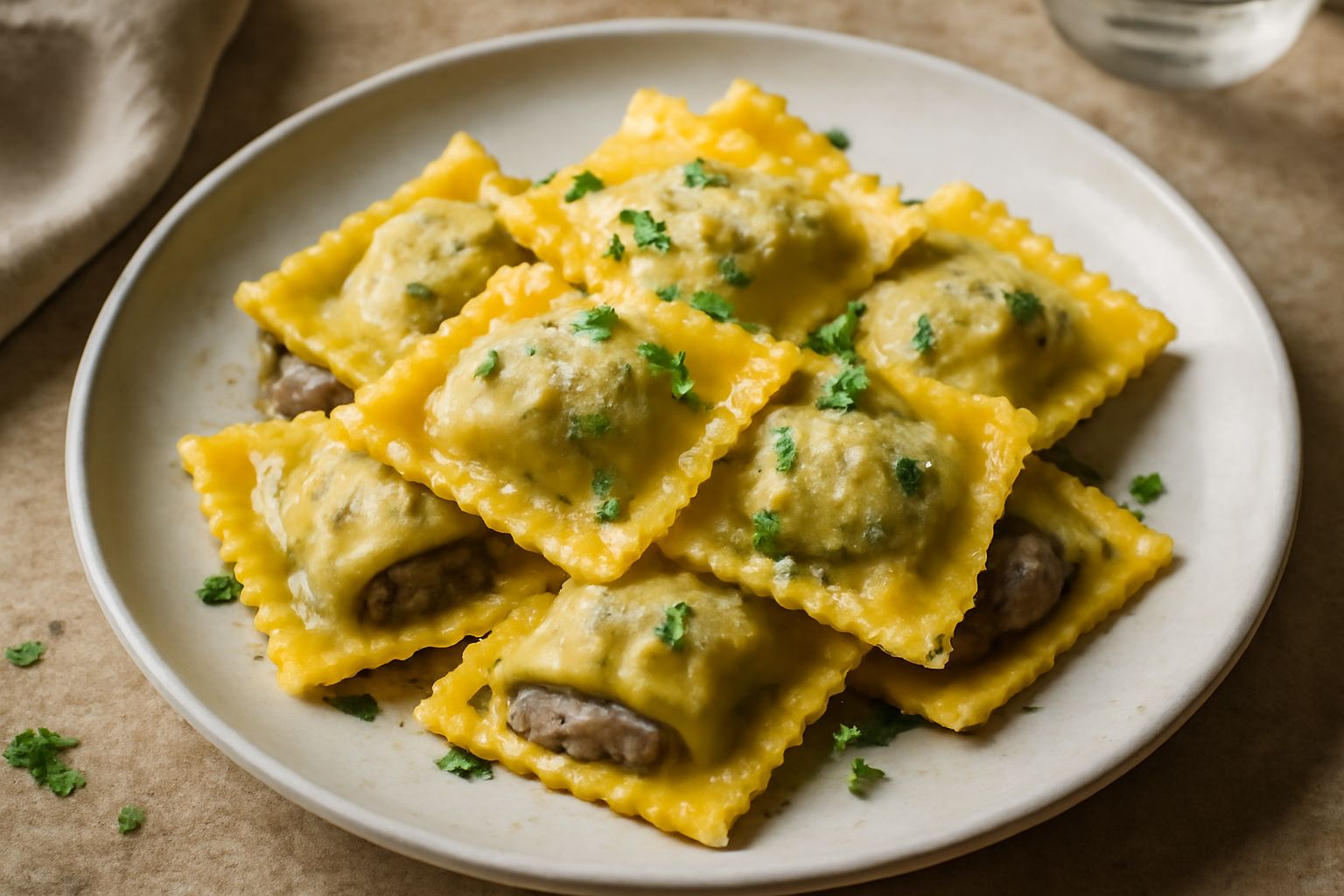 Tortelli di melanzane quadrati in piatto bianco, pasta all'uovo dorato, ripieno visibile dai bordi, guarniti con prezzemolo fresco e parmigiano grattato
