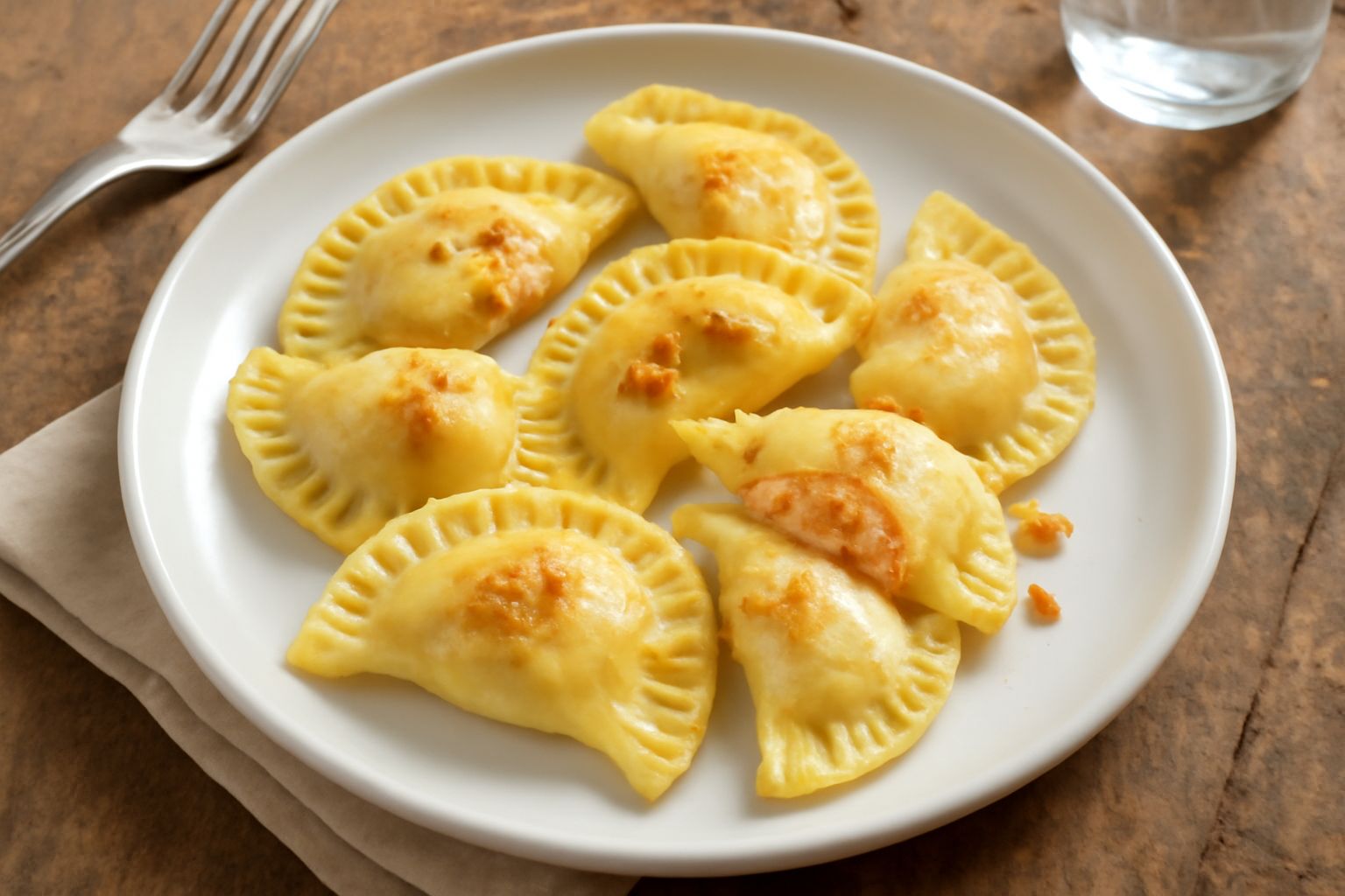 Tortelli di melone appena impiattati su un piatto bianco, dorati e pieni, rivestiti di burro fuso e foglie di salvia fresche, con scaglie di parmigiano reggiano sparse sopra