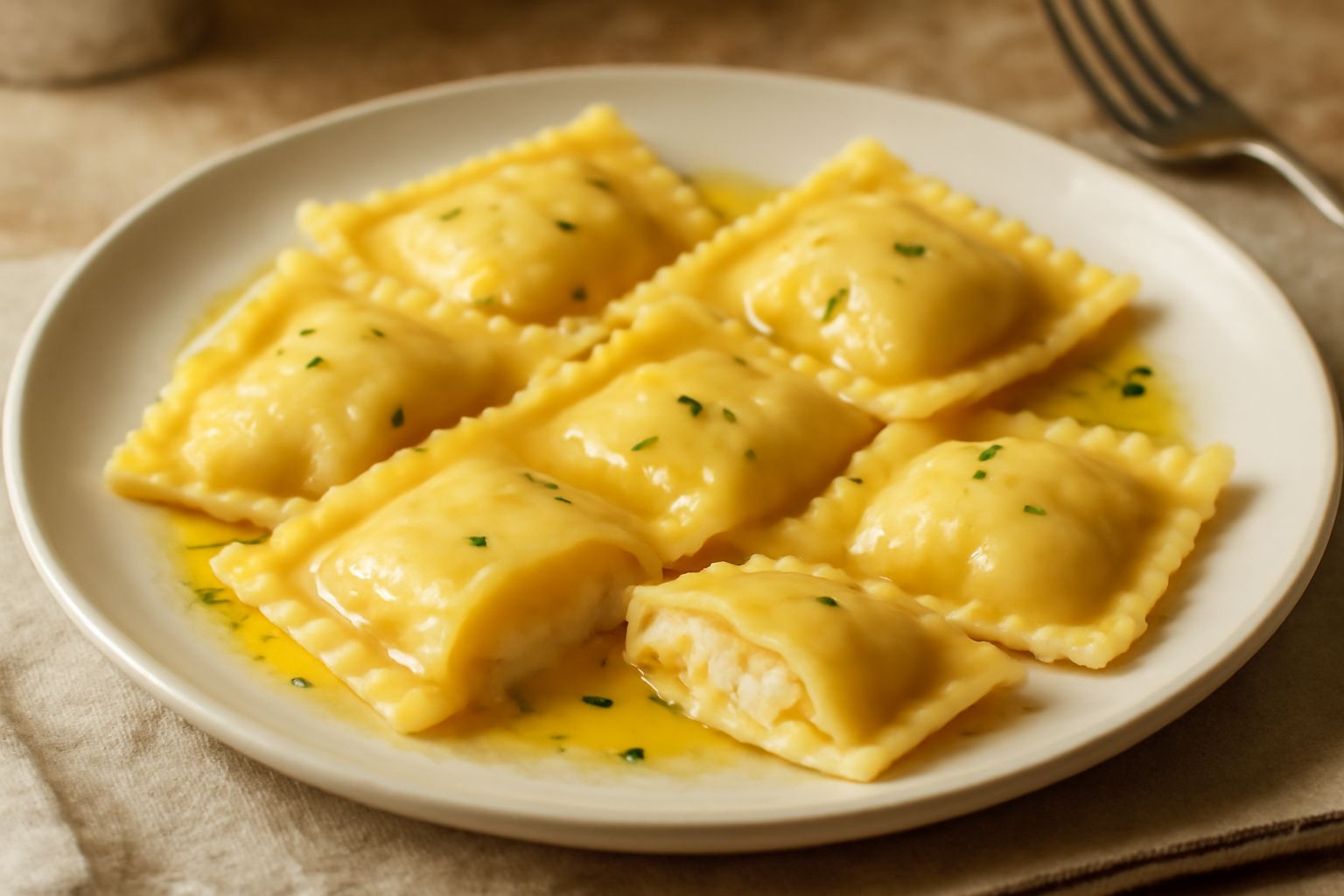 Tortelli di patata pieni e ben sigillati poggiati su un piatto bianco, ricoperti di burro fuso e foglie verdi di salvia fresca, con burro e parmigiano accanto