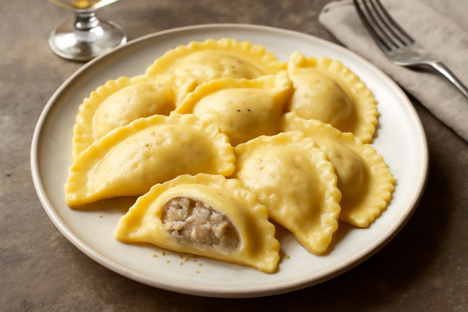 Tortelli di patata e melanzana serviti in un piatto bianco, ricoperti di burro e salvia fresca, dalla forma rotonda e liscia, pasta trasparente con ripieno ben visibile