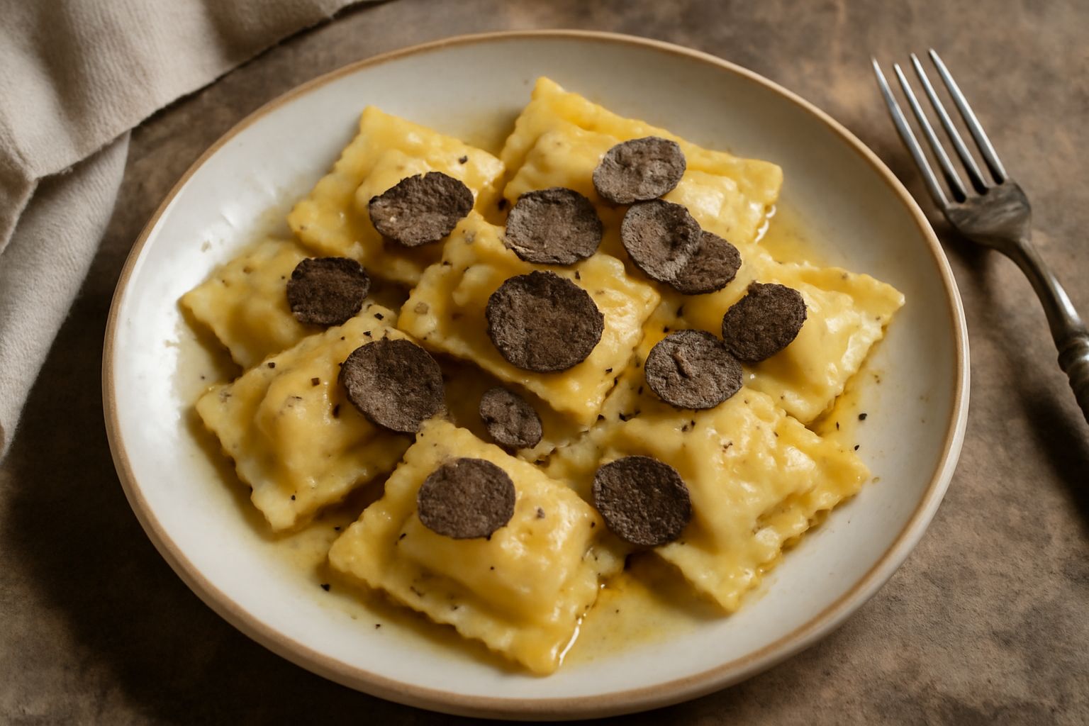 Quattro tortelli di patata e tartufo in un piatto bianco, ricoperti da burro fuso e tartufo nero grattugiato, accompagnati da una forchetta in argento su sfondo neutro