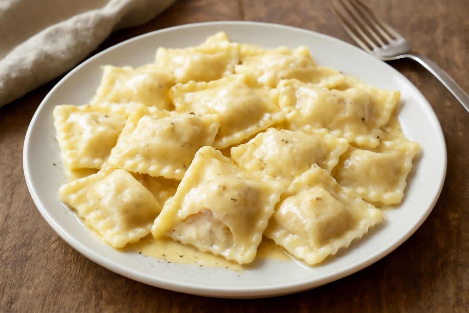 Tortelli di patate disposti nel piatto bianco, ricoperti di burro fuso e salvia fresca verde, con formaggio grattugiato leggero in superficie