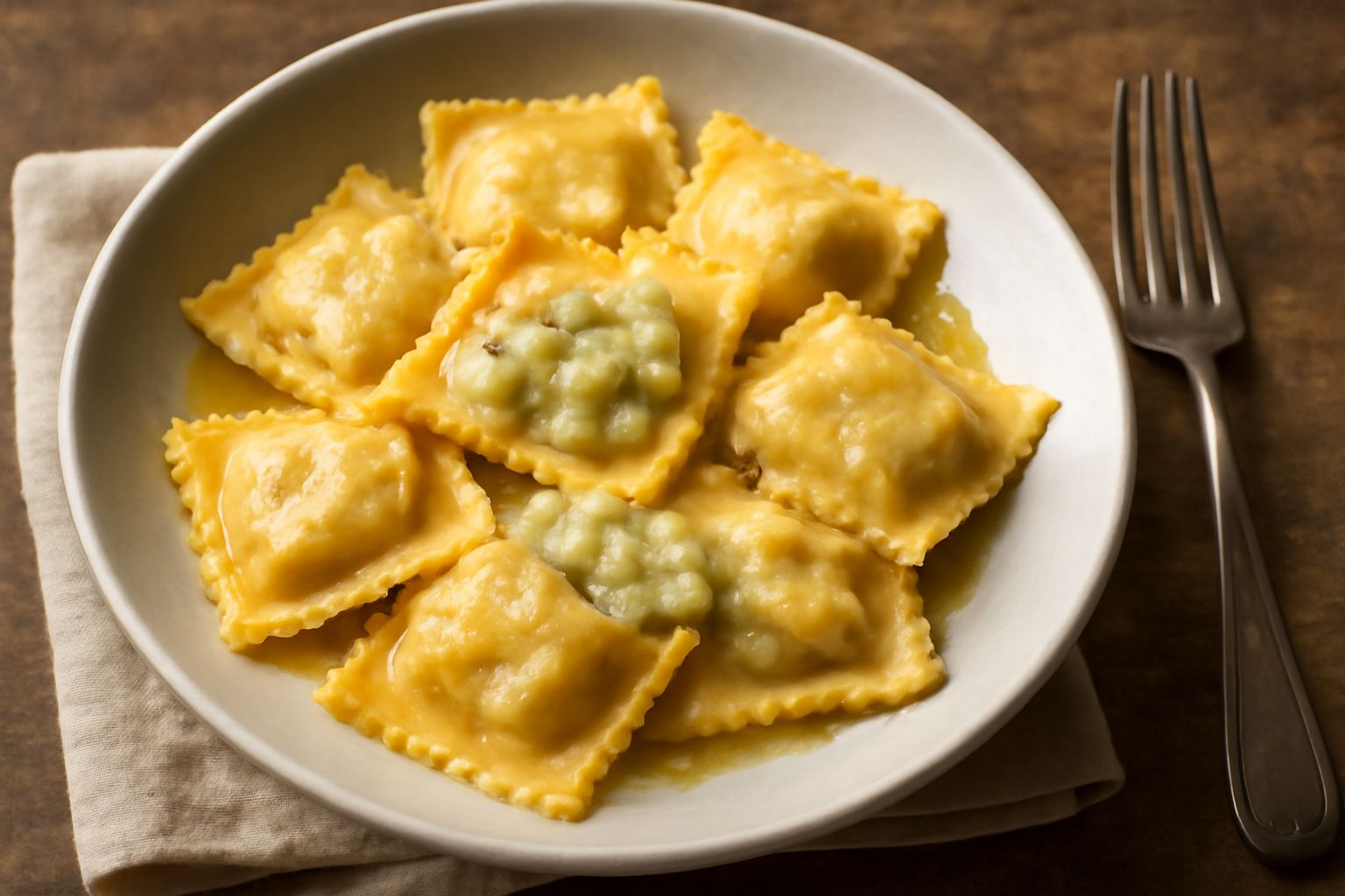 Tortelli di pasta fresca gialla, squadrati, piatti su un piatto bianco, coperti di burro fuso e salvia, con cavolo dolce visibile nel ripieno trasparente dai bordi ben sigillati