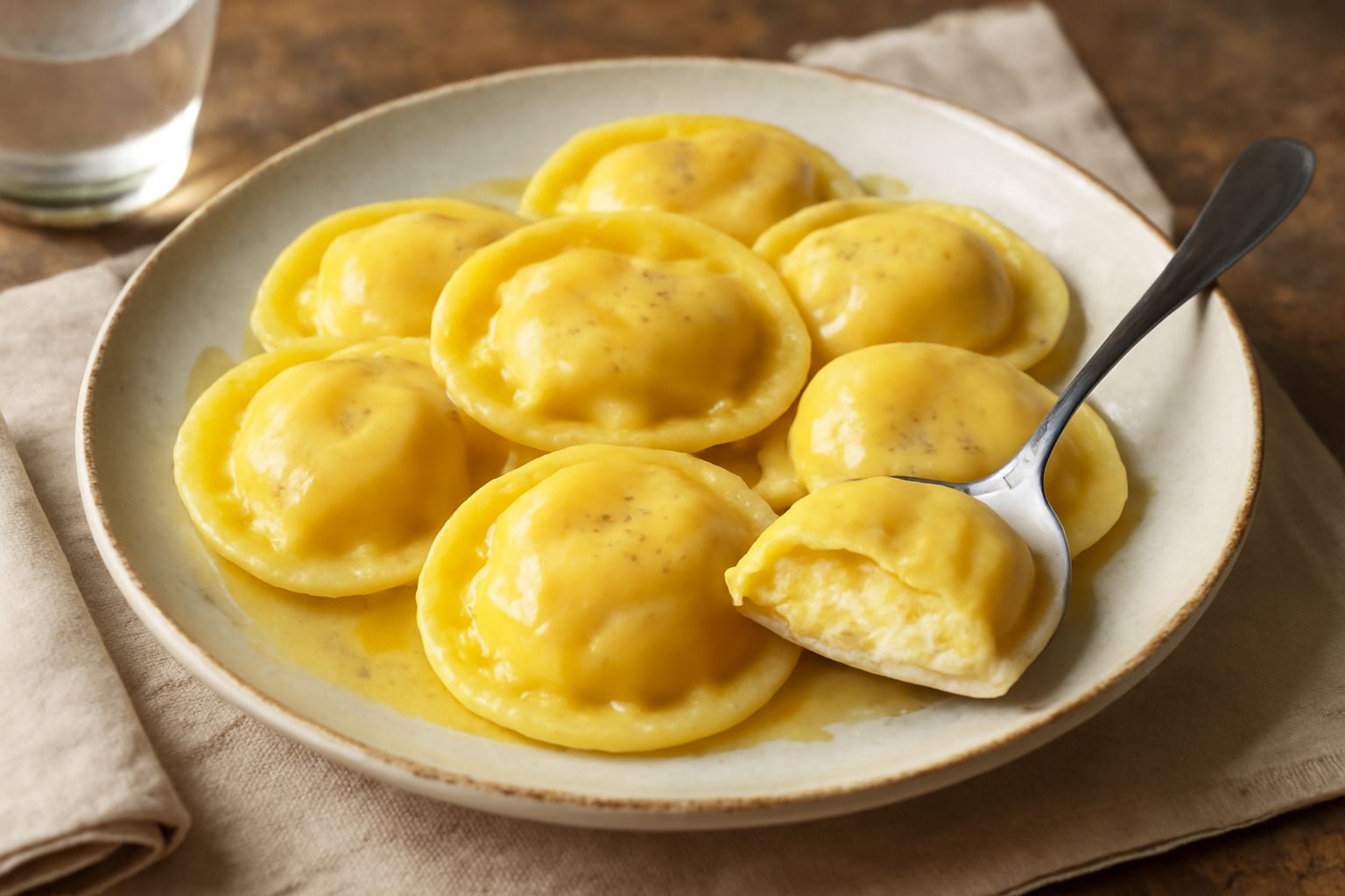 Tortelli di patate e formaggio serviti in un piatto bianco, ricoperti di salsa di burro e salvia, con grattugia di parmigiano e foglie verdi di salvia fresca accanto