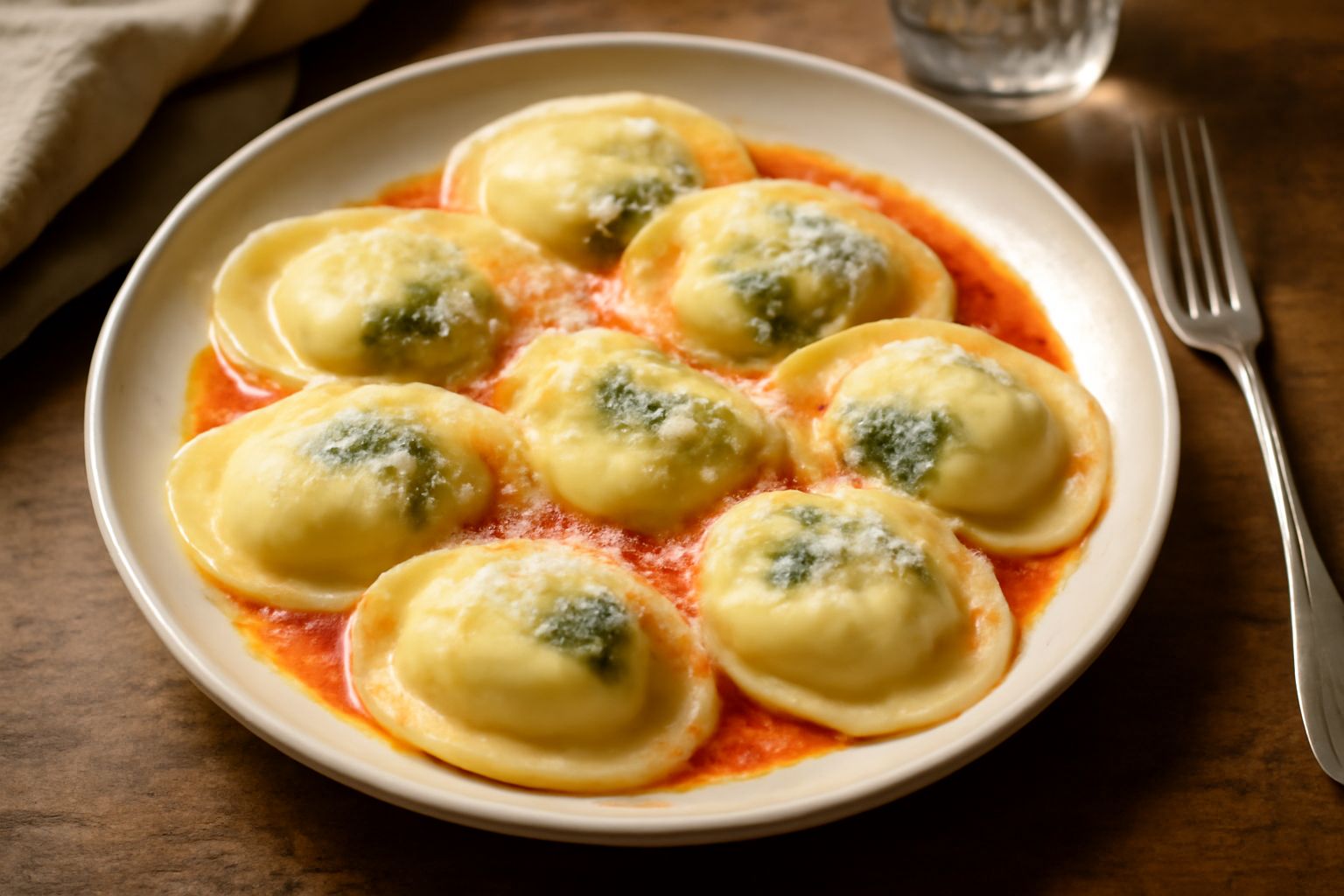 Tortelli ripieni su un piatto bianco, ricoperti di salsa di pomodoro o burro e salvia, con friarielli verdi visibili nel taglio aperto, serviti con parmigiano grattugiato in polvere