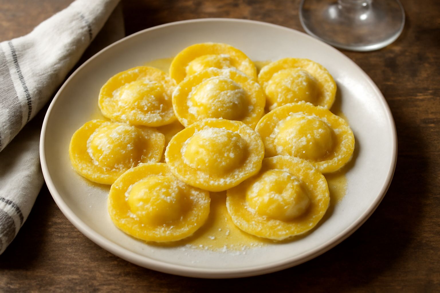 Tortelli di ricotta ripieni serviti in un piatto bianco con burro fuso e parmigiano grattugiato, mantecatura dorata intorno, sfondo neutro