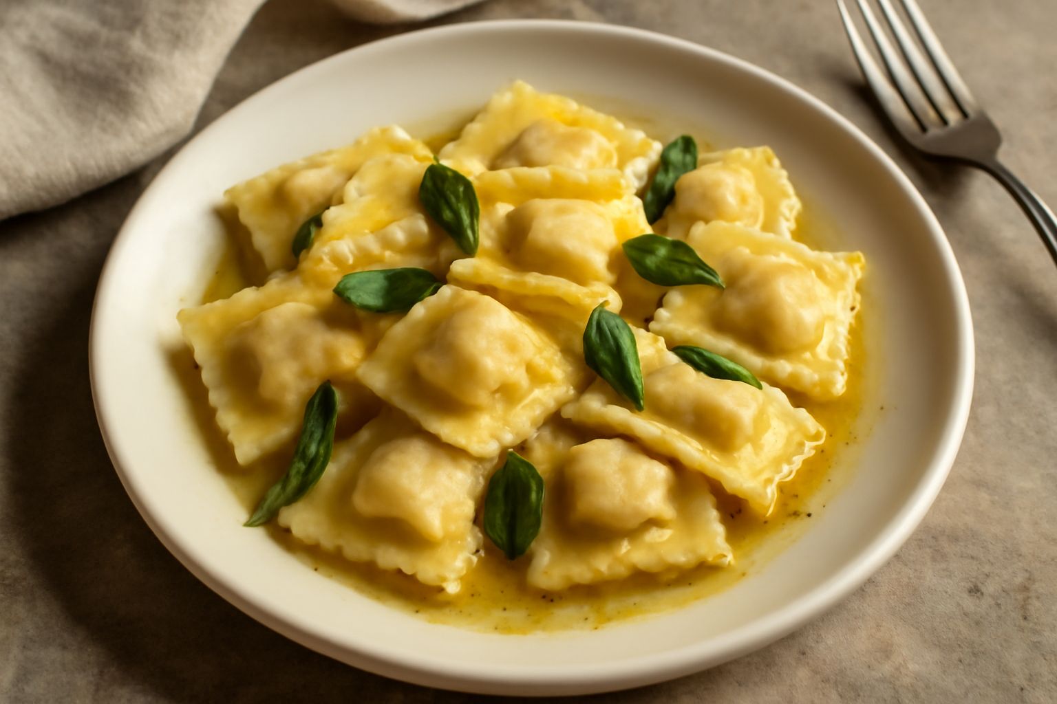 Tortelli quadrati di pasta fresca dorata pieni di ricotta, disposti in un piatto bianco con burro fuso e foglie di salvia verde, leggermente ricoperti di polvere di amaretti