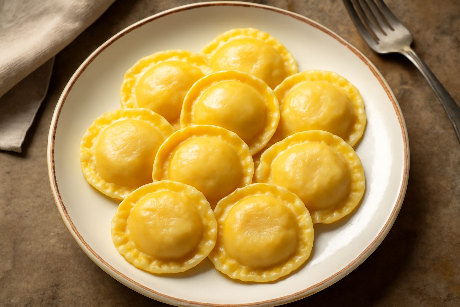Tortelli tondi di pasta all'uovo ripienti di ricotta, appena cotti e leggermente dorati, serviti in un piatto bianco con burro fuso e salvia, contornati da briciole di pane e una spolverata di formagg