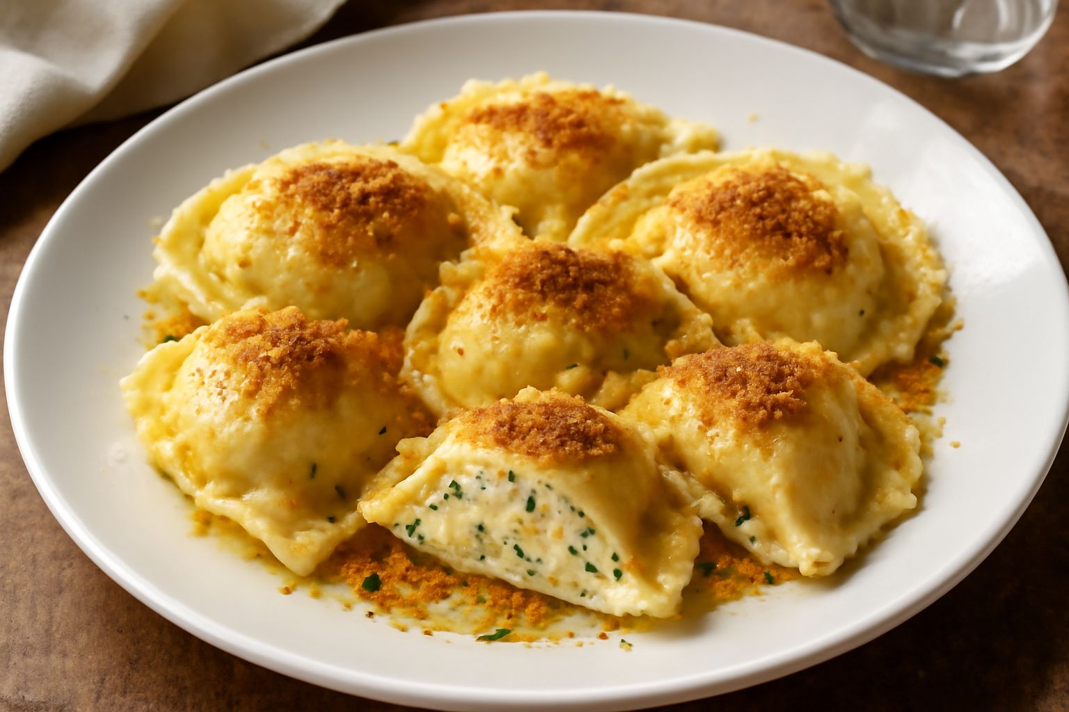 Tortelli di ricotta e pangrattato serviti in un piatto di ceramica bianca, ripieni color crema visibili dal taglio, ricoperti da pangrattato dorato e tostato, guarniti con prezzemolo fresco e gocce di