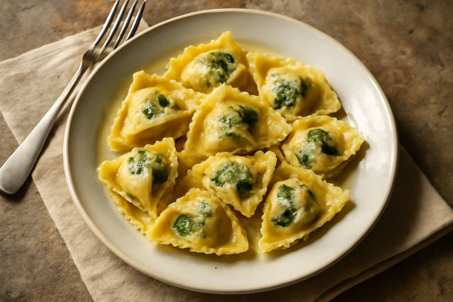 Tortelli di ricotta e spinaci ripieni disposti su un tavolo di legno infarinato, con sfoglia gialla e ripieno verde visibile da uno spaccato, accanto a una ciotola di ricotta bianca