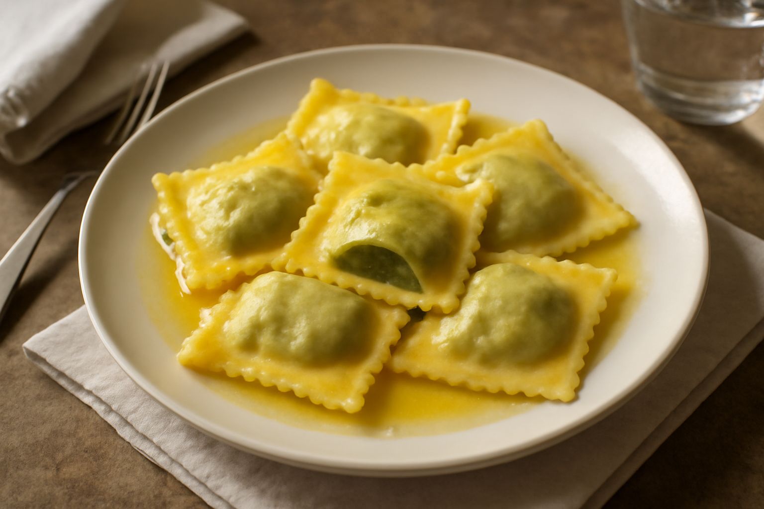 Tortelli di verdura quadrati di sfoglia gialla, disposti nel piatto bianco con burro sciolto, salvia verde e grana grattugiato visibile. Ripieno verde che esce leggermente dal bordo.