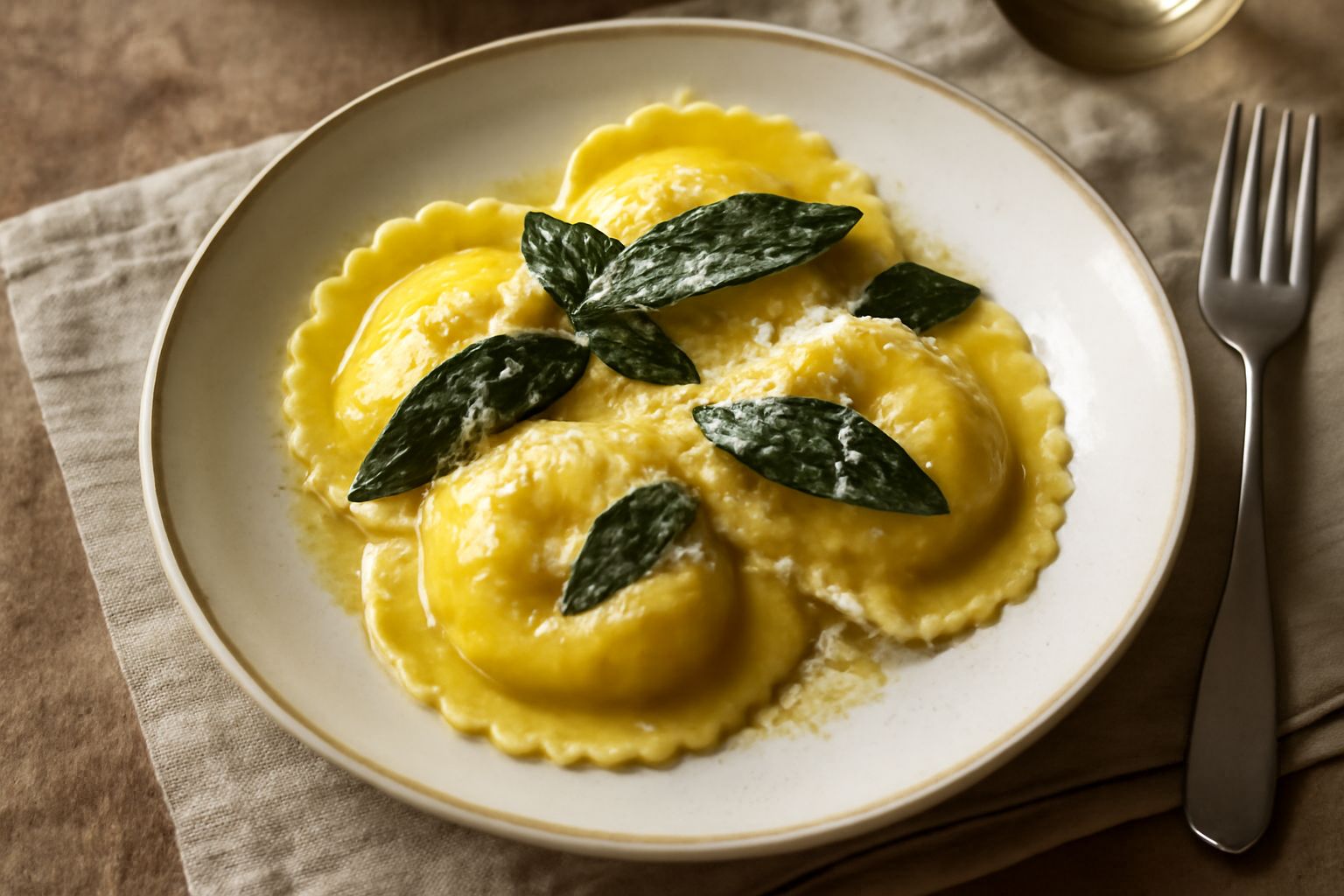 Tortelli di zucca ripieni disposti nel piatto con rigatini di burro fuso, foglie di salvia verde scuro e una spolverata di parmigiano grattugiato giallo; il ripieno color zucca è visibile dal bordo le