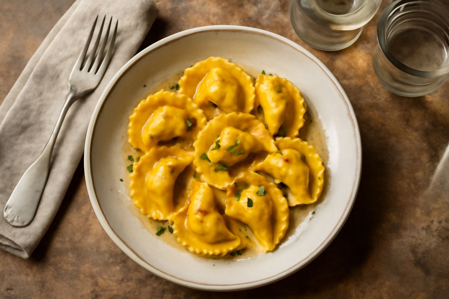 Tortelli di zucca dorati su un piatto bianco, conditi con burro fuso e salvia fresca, con una forchetta e una tazza di brodo caldo accanto