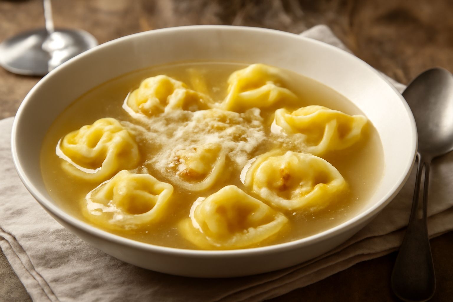 Tortelli di zucca gialli e dorati in una ciotola bianca con brodo trasparente e leggera spolverata di parmigiano grattugiato fresco