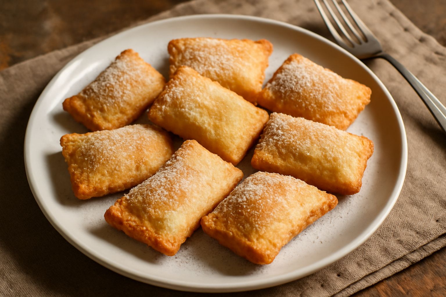 Tortelli dolci dorati e croccanti appena fritti, cosparsi di zucchero bianco fine, disposti su carta assorbente, con la pasta visibilmente fragrante e i bordi sigillati a forma di cuscino