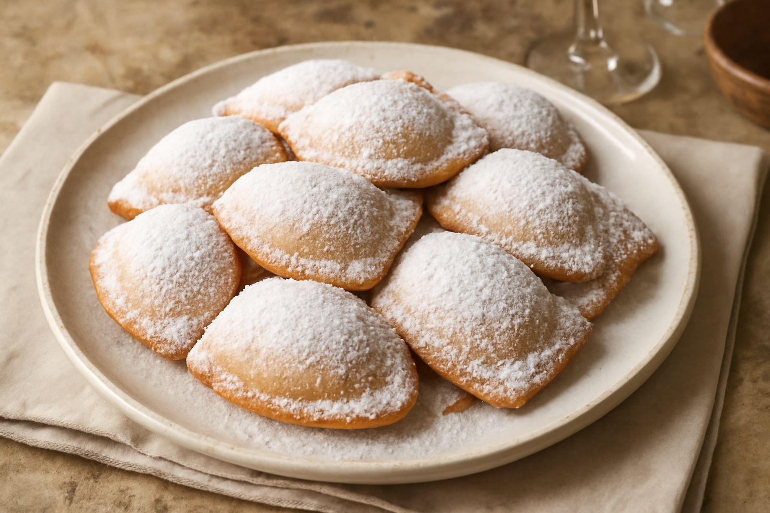 Tortelli dolci di carnevale dorati e croccanti, spolverati di zucchero a velo bianco, disposti su un piatto bianco con una ciotola di marmellata rossa sullo sfondo