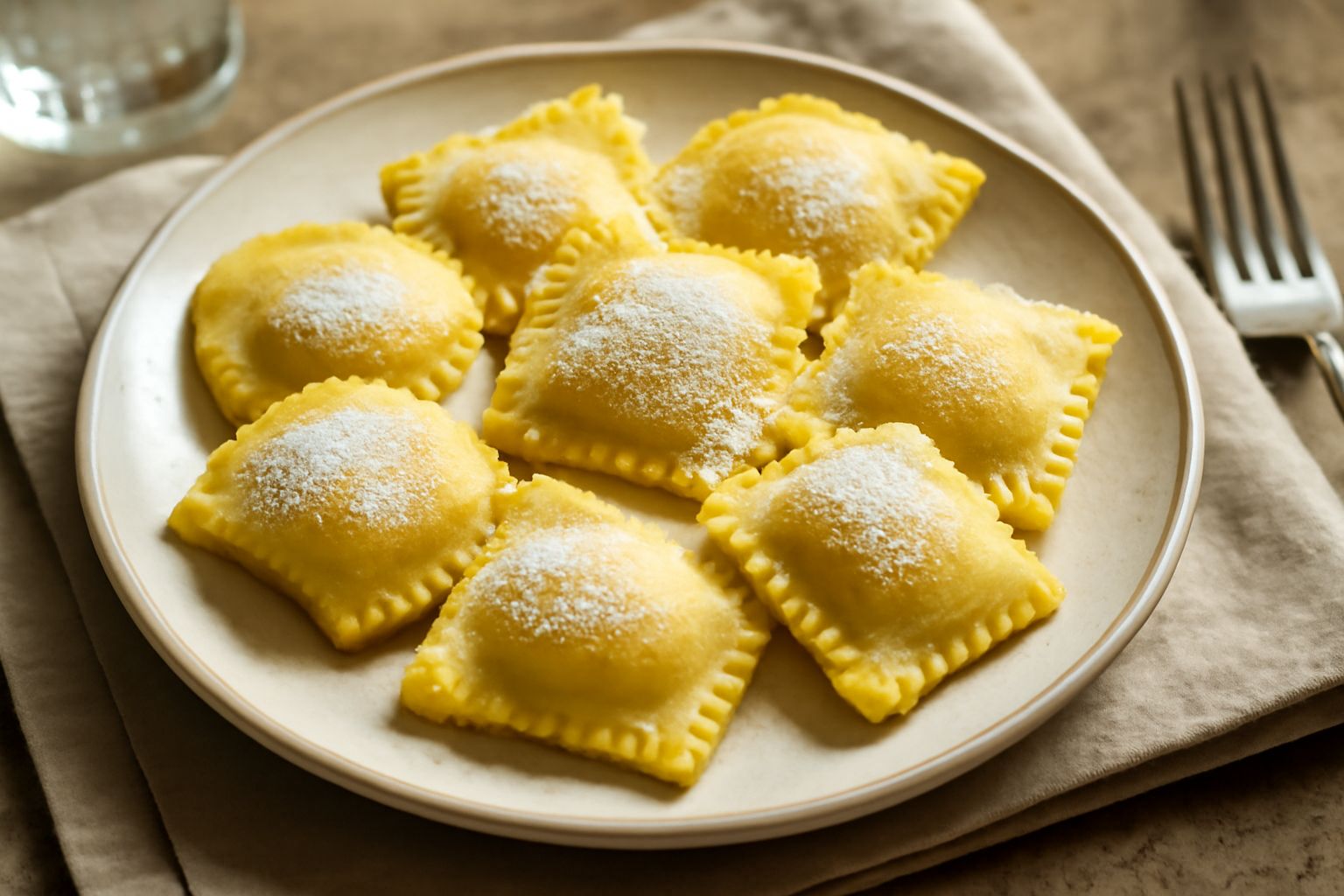 Tortelli dolci di ricotta su un piatto bianco, tondi e leggermente gonfi, con superficie liscia, spolverati di zucchero a velo, in primo piano uno spaccato che mostra il ripieno bianco cremoso all'int