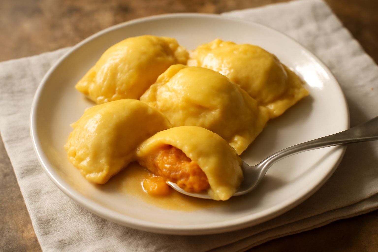 Tortelli dolci di zucca serviti in un piatto bianco, dorati e pieni, spolverati di parmigiano, con accanto una ciotola di brodo caldo e una foglia di salvia fresca