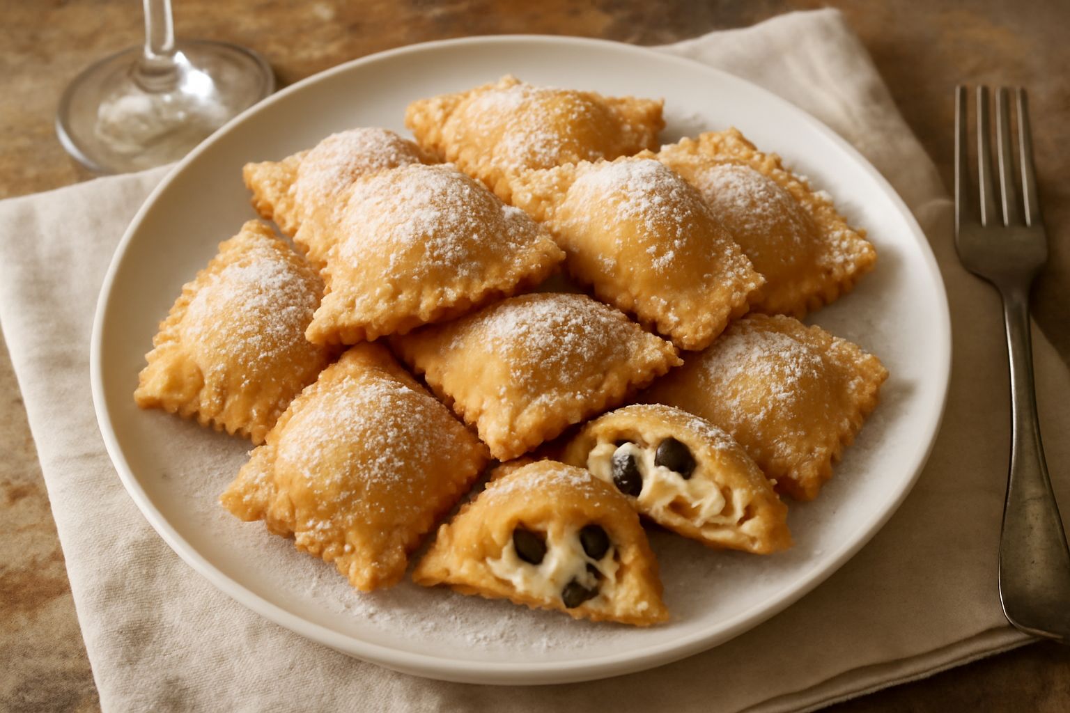 Tortelli dolci senesi dorati e polverosi di zucchero a velo, interi e tagliati a metà per mostrare il ripieno di ricotta bianca e pezzi di uvetta nera, disposti su piatto bianco