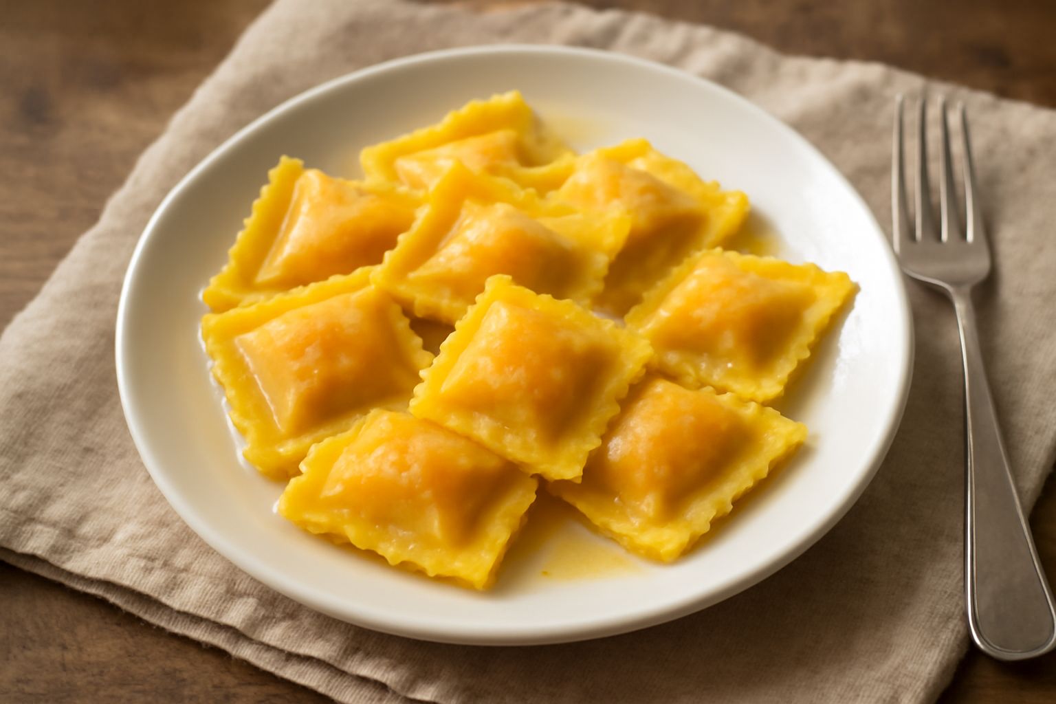 Tortelli di zucca su piatto bianco, con burro fuso e salvia, pasta gialla e morbida ripieni di zucca arancione, gustati al cucchiaio