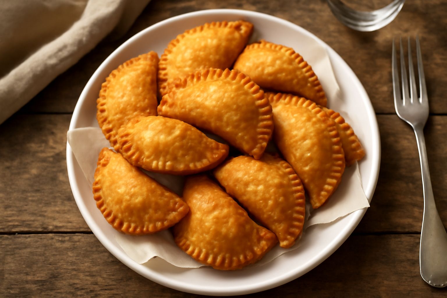 Tortelli fritti dorati e croccanti disposti su carta assorbente bianca, con il ripieno visibile al taglio, presentati in un piatto di ceramica con un bordo di salsa rossa leggera