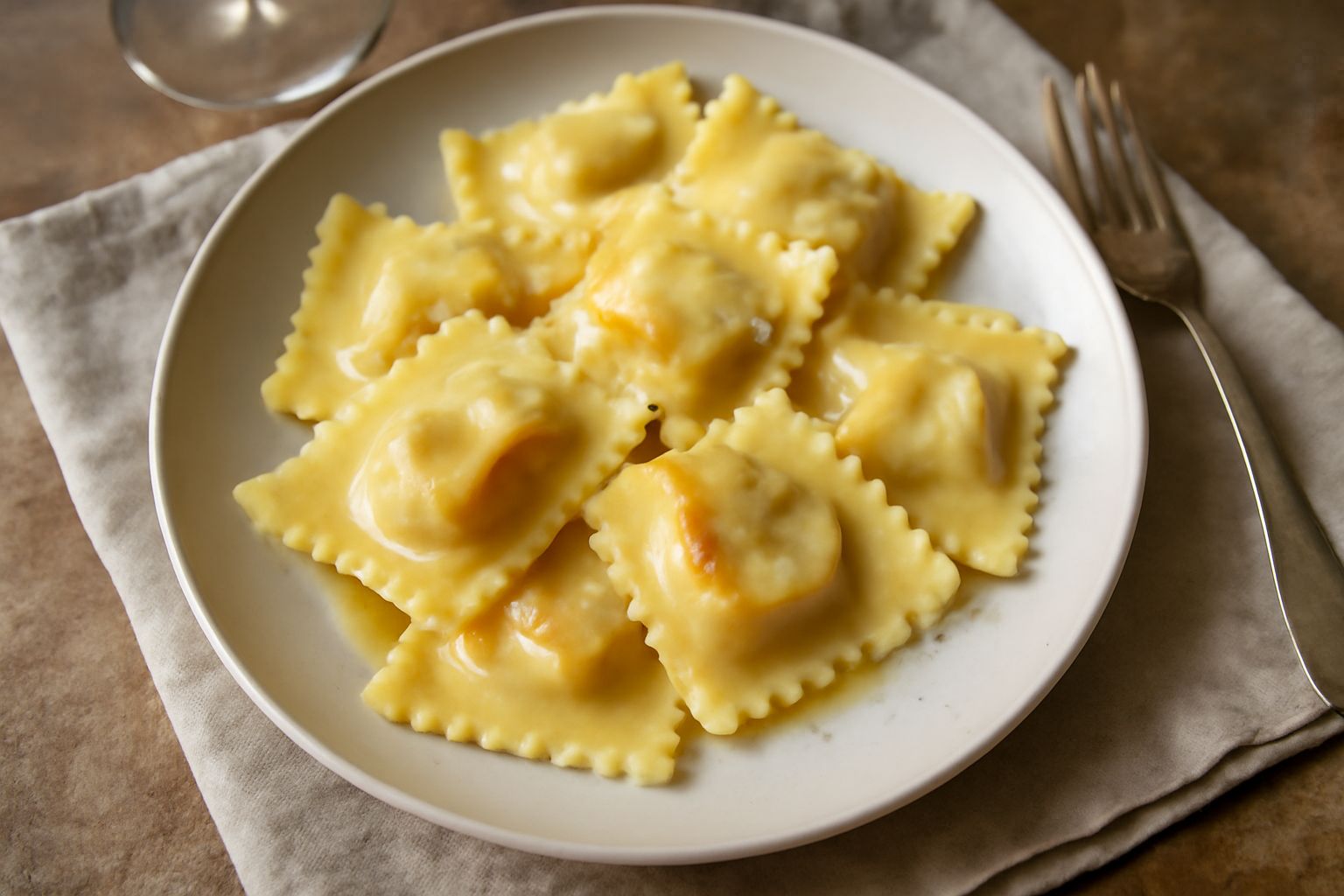 Tre tortelli mantovani ripieni di zucca gialla, poggiati in un piatto fondo bianco con burro fuso e salvia fresca, visibili le pieghe della pasta trasparente e il colore giallo dorato del ripieno
