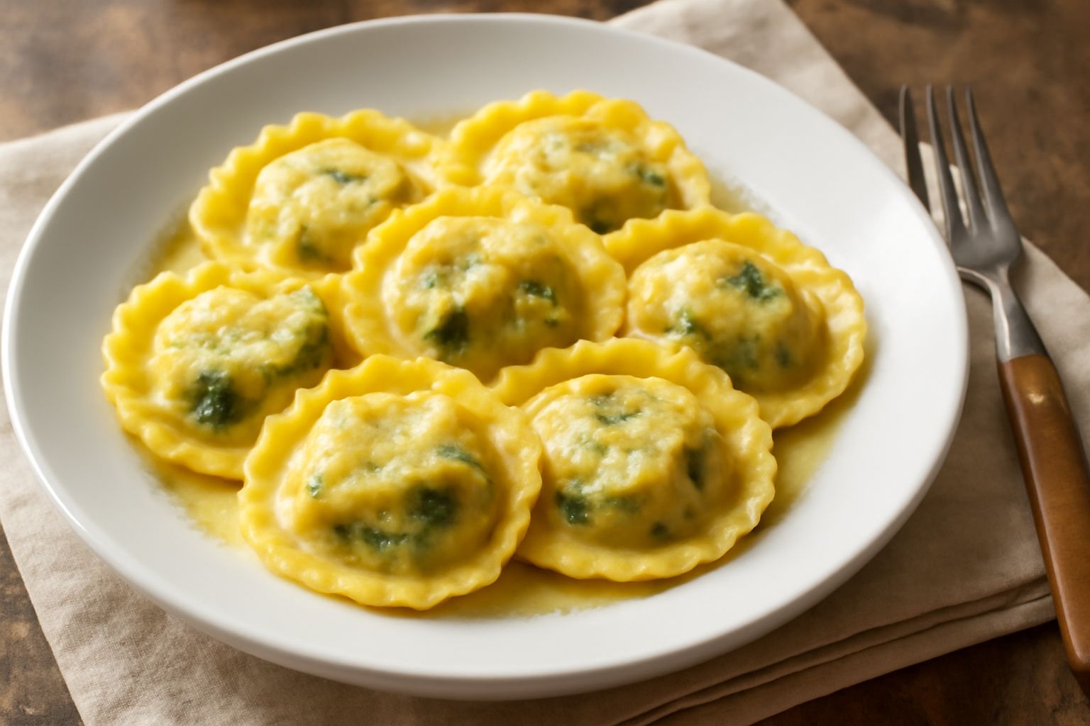 Tre tortelli maremmani ripieni disposti nel piatto, tondi e leggermente gonfi, ricoperti di burro fuso e parmigiano grattugiato, con una leggera spolverata di pepe nero e una foglia di salvia fresca s