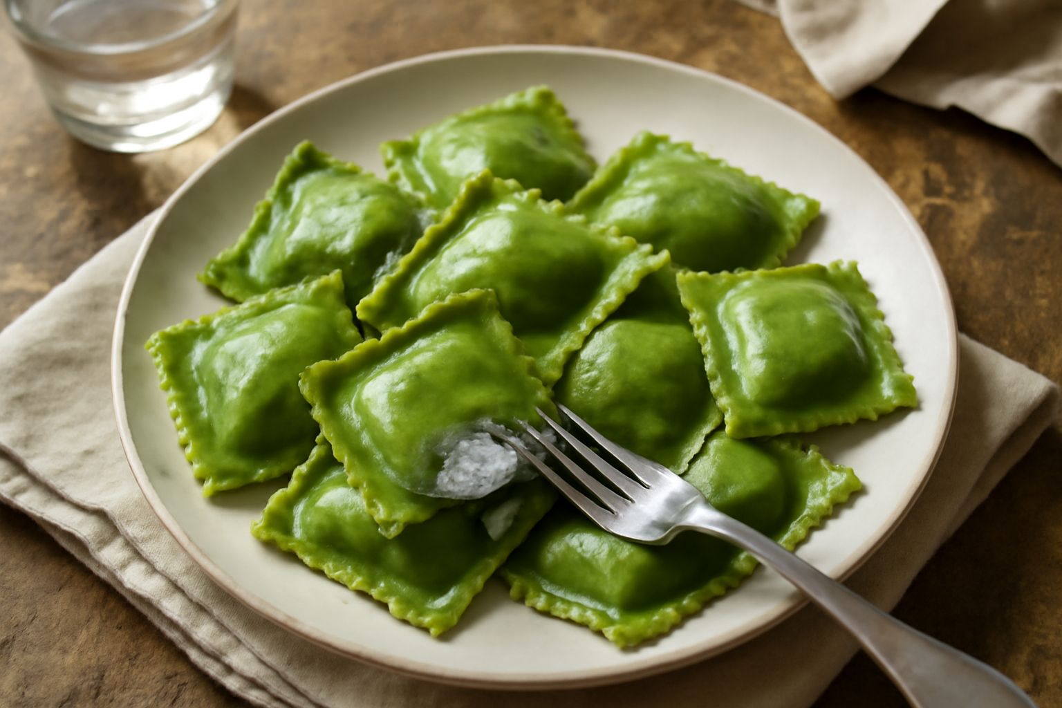 Quattro tortelli verdi di pasta all'uovo ripieni, serviti in un piatto bianco con burro fuso e salvia fresca, contorno di parmigiano grattugiato