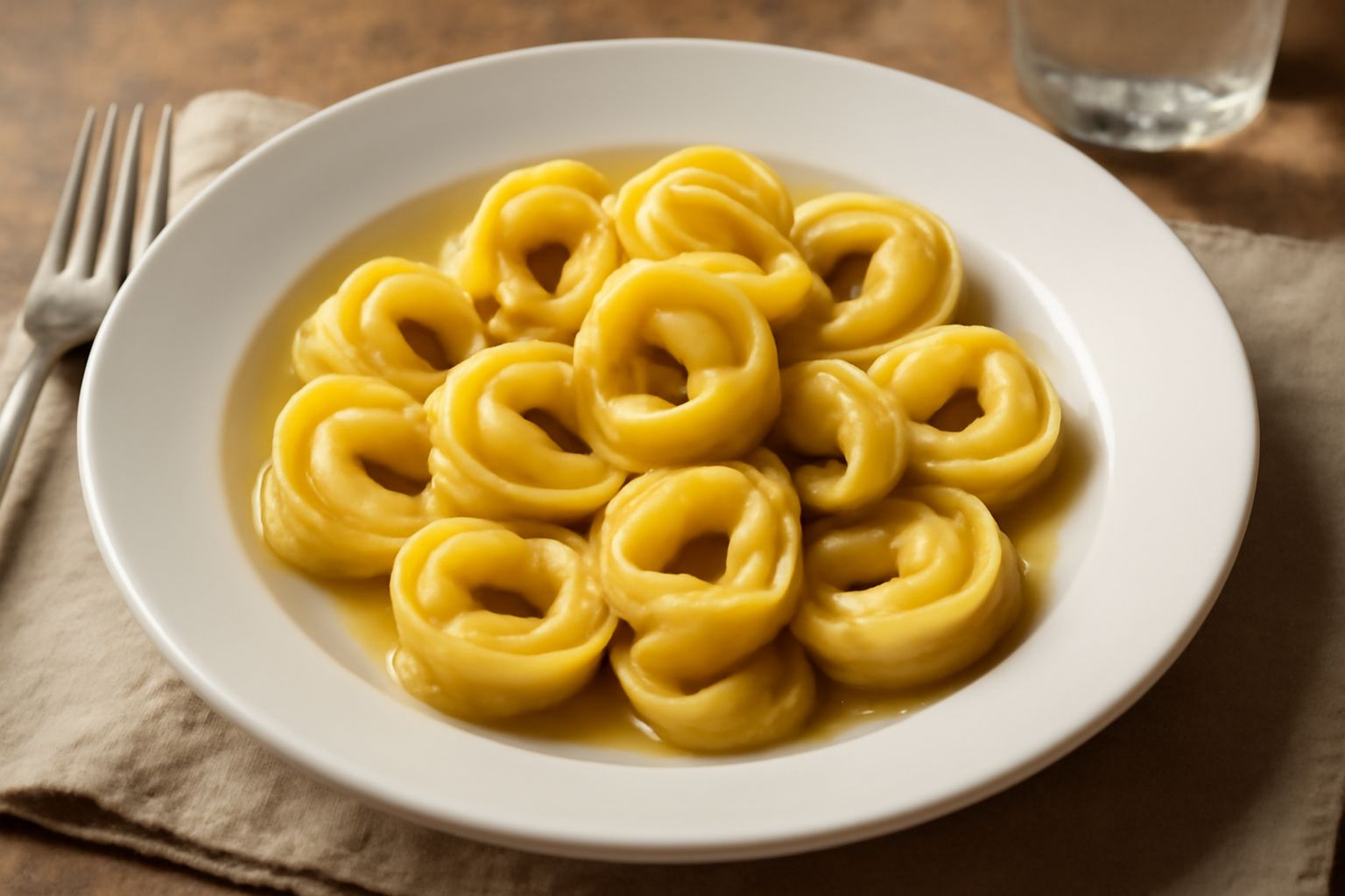 Tortelline di pasta fresca gialla dorata, riunite in nido su un piatto bianco, con piccole gocce di brodo trasparente, piatto di fondo sfocato con forchetta di legno a sinistra