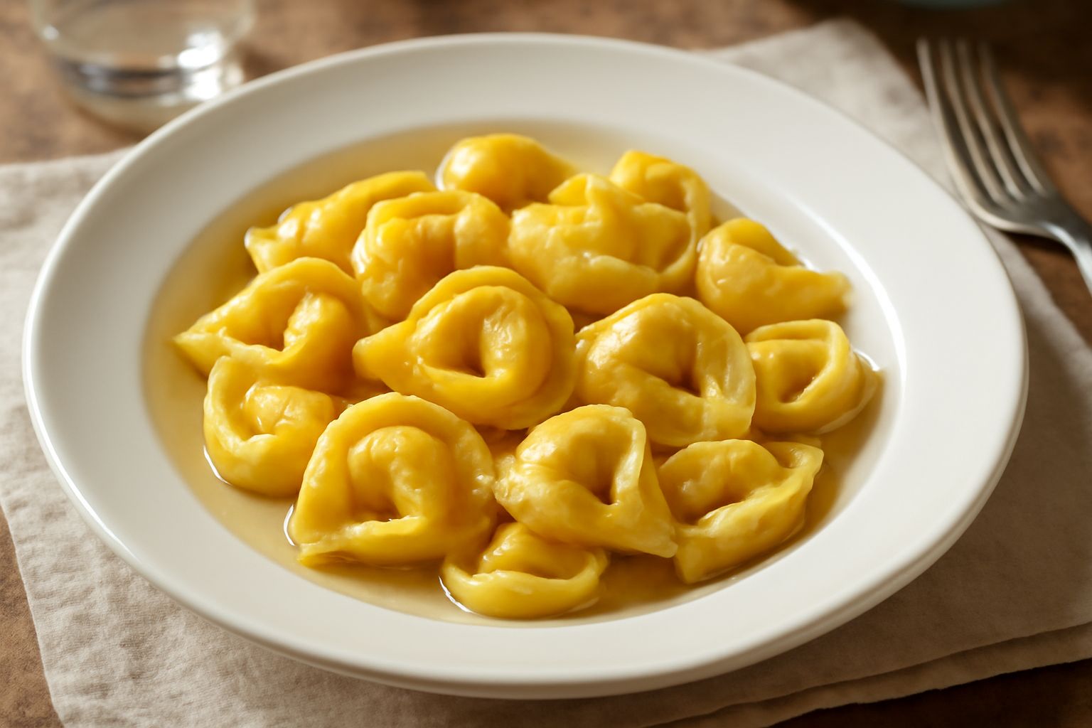 Una porzione di tortellini dorati appena serviti in un piatto bianco con brodo caldo e un filo di burro, contornati da erba cipollina fresca su sfondo chiaro