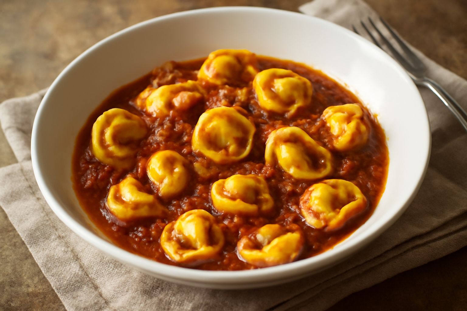 Tortellini in piatto bianco immersi in ragù rosso-marrone, con ragù visibile tra le pieghe della pasta, guarniti con parmigiano grattugiato e una foglia di basilico fresco