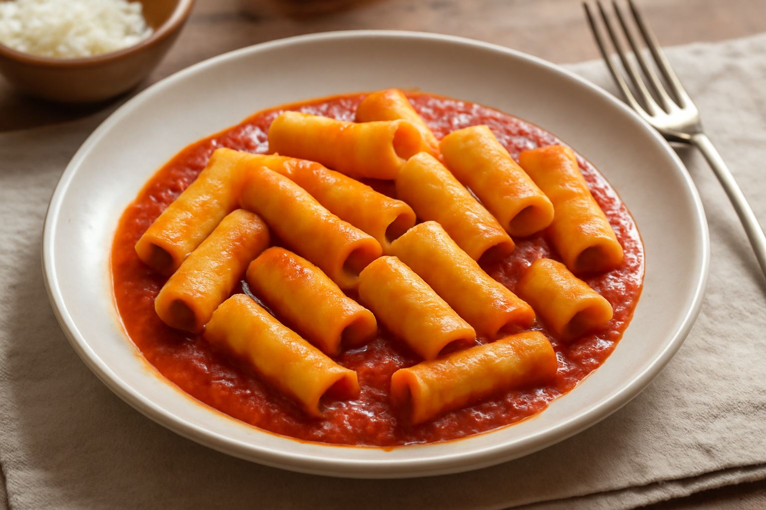 Tortellini alla frosinone serviti in un piatto bianco con sugo rosso di pomodoro, formaggio grattugiato e foglia di prezzemolo, pasta a forma di piccoli triangoli piegati.