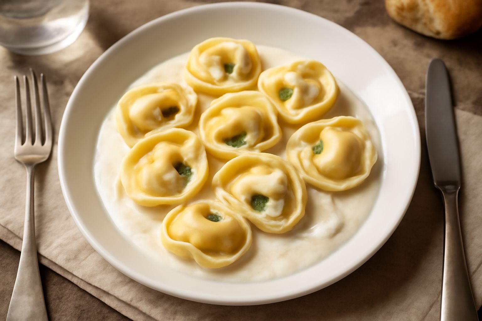 Piatto di tortellini pieni di ricotta e spinaci in salsa di panna fresca, burro e noce moscata, con una cucchiaiata di formaggio grattugiato sopra, su piatto bianco di porcellana.