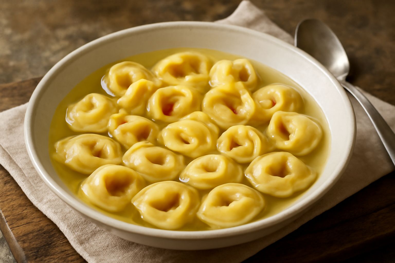 Tortellini alla vicentina cotti in brodo, serviti in una ciotola di ceramica bianca, con brodo trasparente, una manciata di prezzemolo verde fresco e gocce di burro dorato visibile sulla superficie.