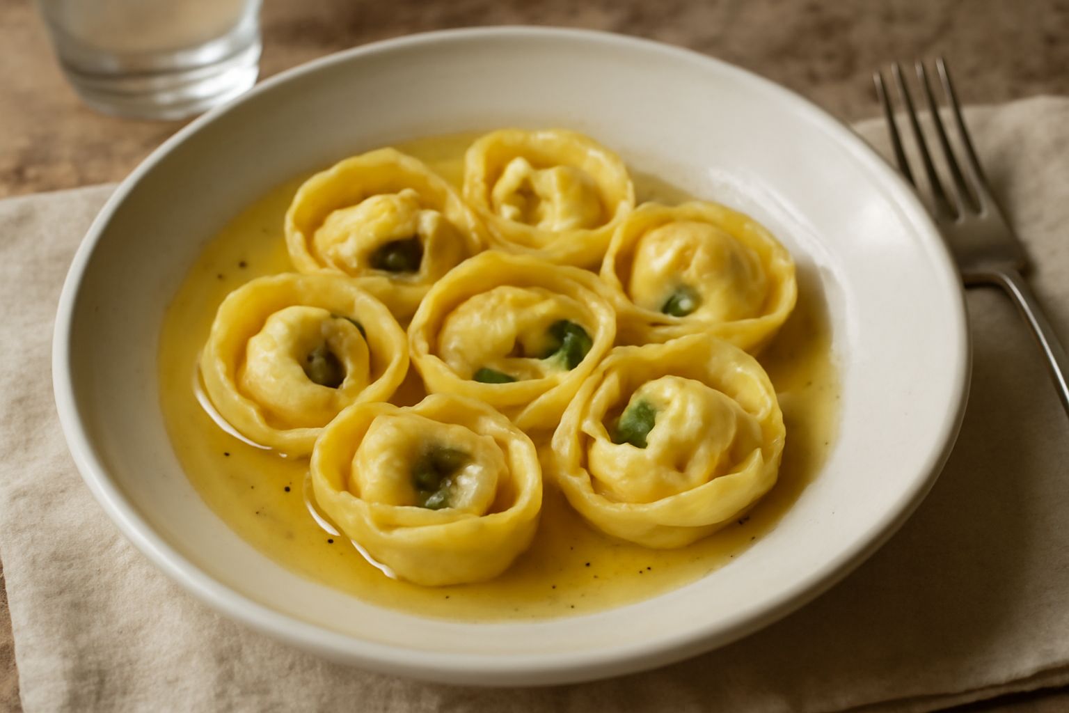 Tortellini brindisini dorati in piatto bianco con ripieno visibile di formaggio e verdure verdi, contorno di burro fuso e foglia di basilico fresco