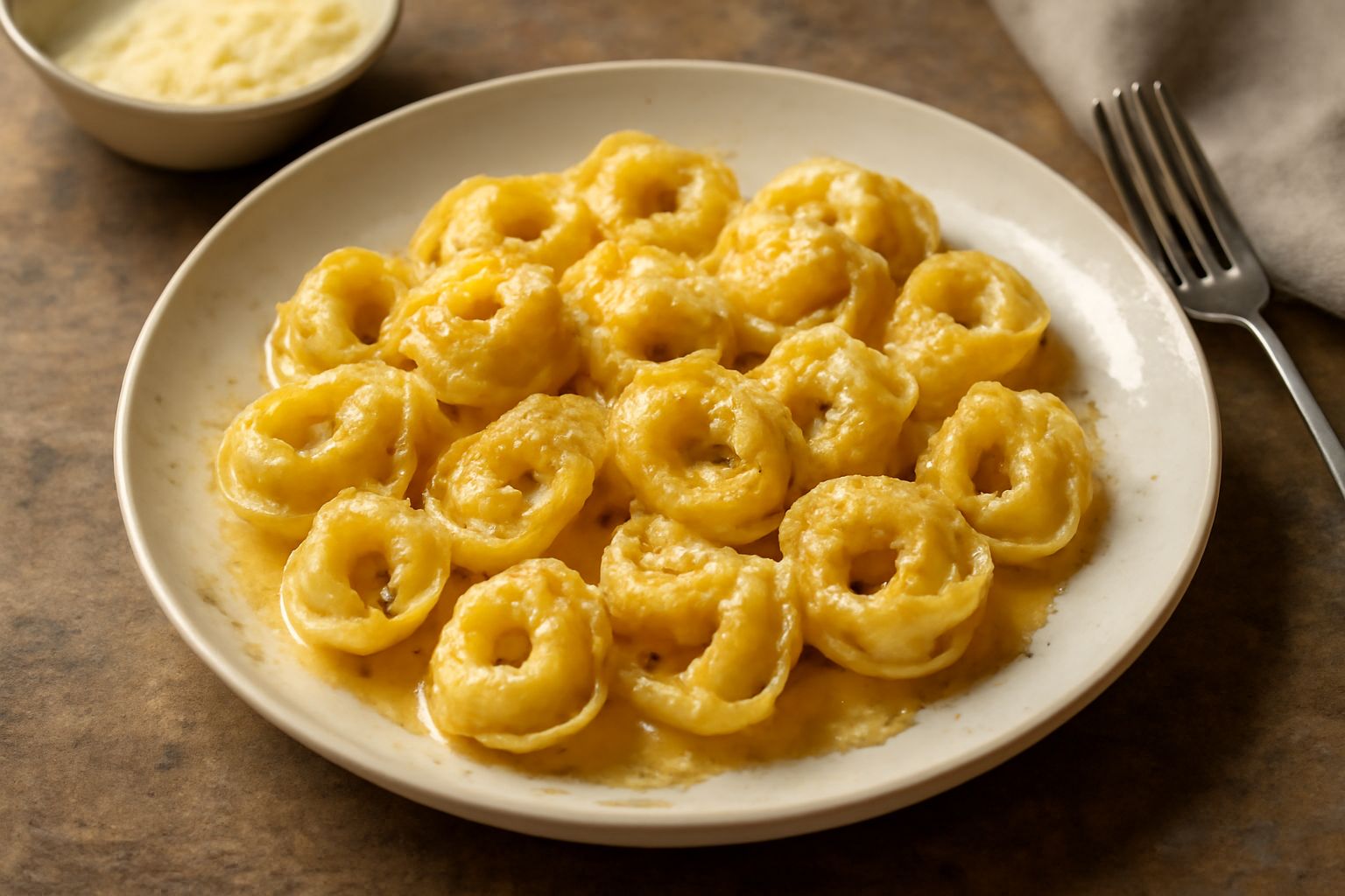 Tortellini cremosi in un piatto bianco, ricoperti di burro fuso e parmigiano grattugiato, con qualche fogliolina di prezzemolo e una macinata di noce moscata
