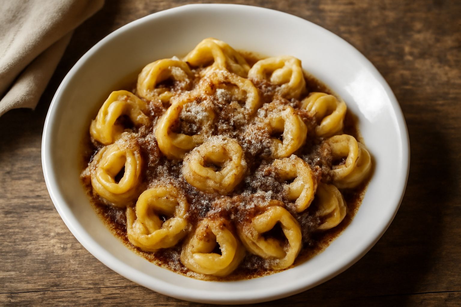 Tortellini ca' carne cotti al sugo di carne, disposti nel piatto con rigatino caramellato, grana grattugiato e una manata di prezzemolo fresco. Sugo marrone scuro intorno.