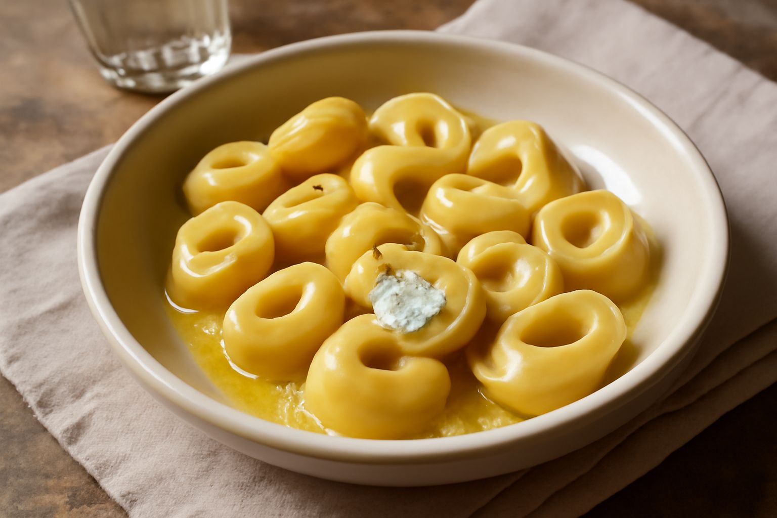 Tortellini ca' ricotta serviti in una ciotola bianca, ricoperti di burro fuso e salvia verde, con un cucchiaio di legno e un filo di parmigiano grattugiato